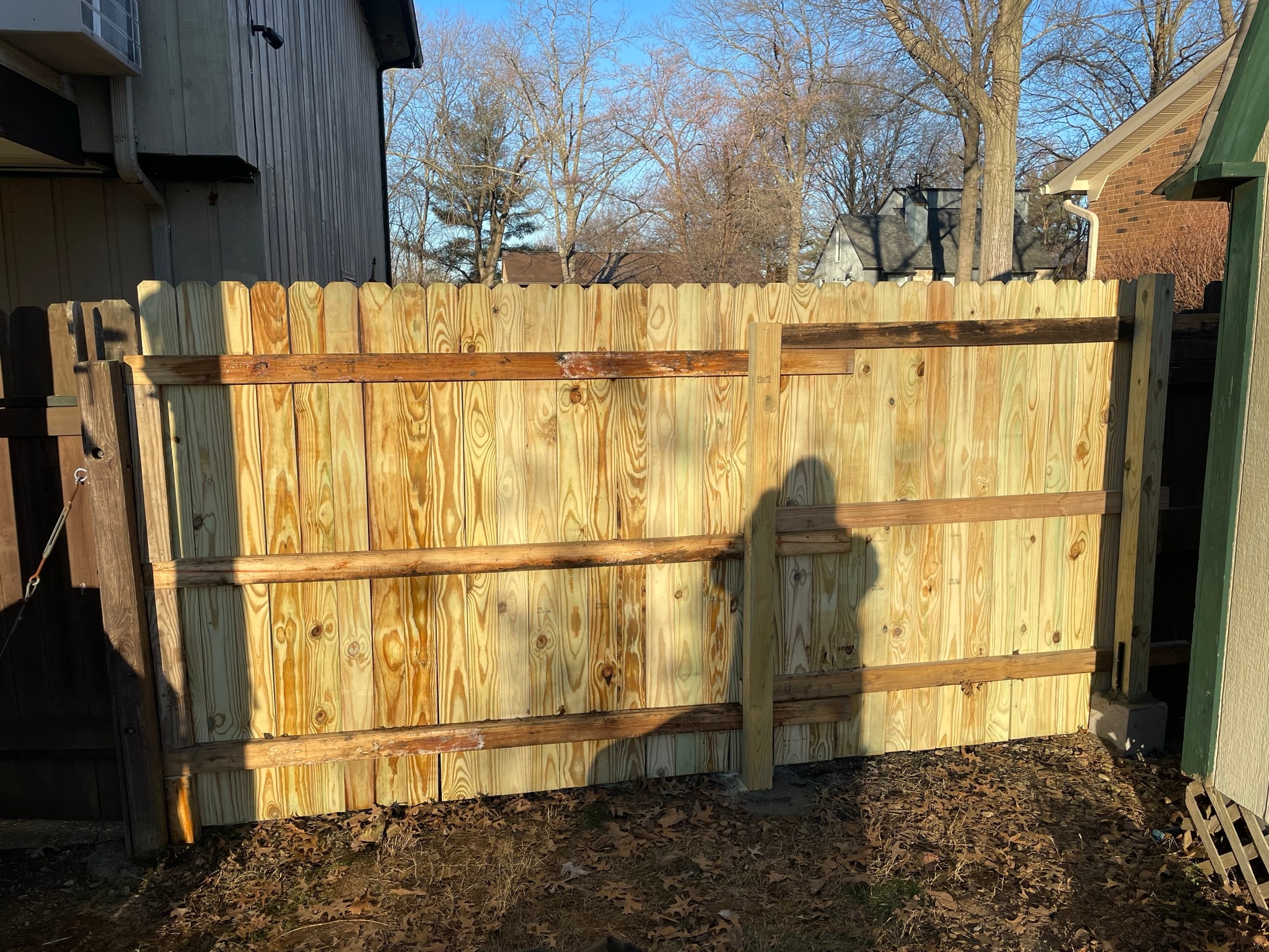 Backyard fence after replacement — brand new pressure-treated wood fence and double gate