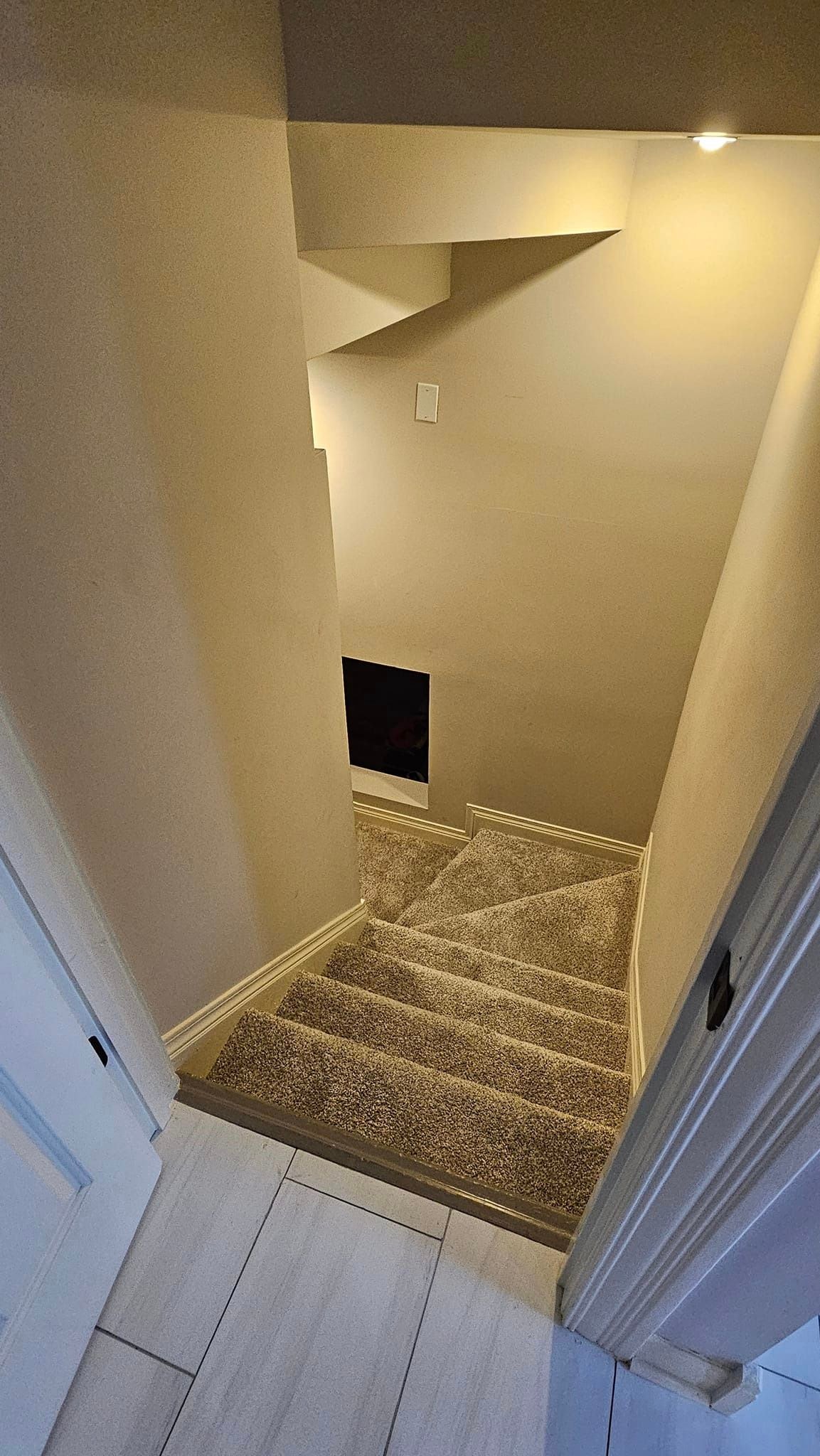 Interior staircase before handrail installation — carpeted steps descending with no railing along the wall